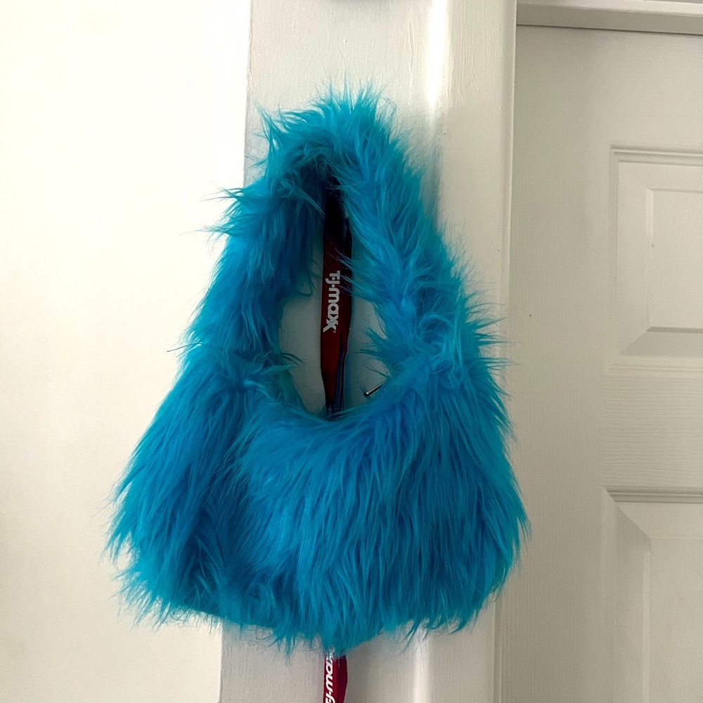 blue fluffy handbag